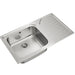 Stainless steel kitchen sink with drainboard on a white background