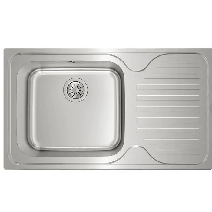 Stainless steel kitchen sink on a white background