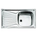 Stainless steel kitchen sink with drainboard on a white background