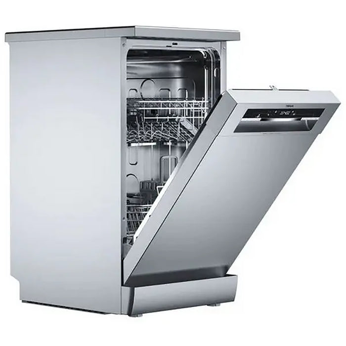 Silver dishwasher with open door on a white background