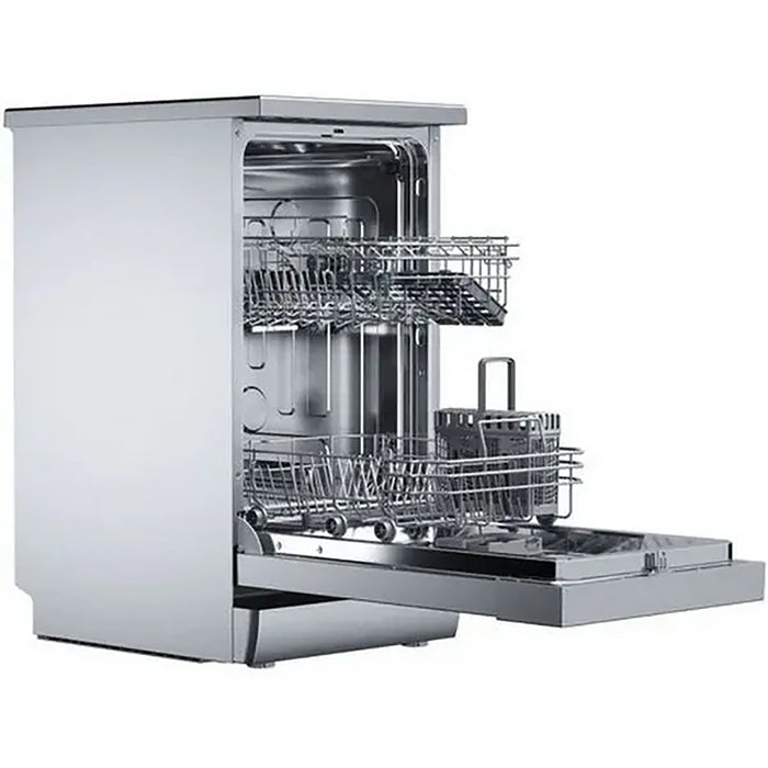 Stainless steel dishwasher with open door showing clean dishes inside on a white background