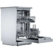 Stainless steel dishwasher with open door showing clean dishes inside on a white background