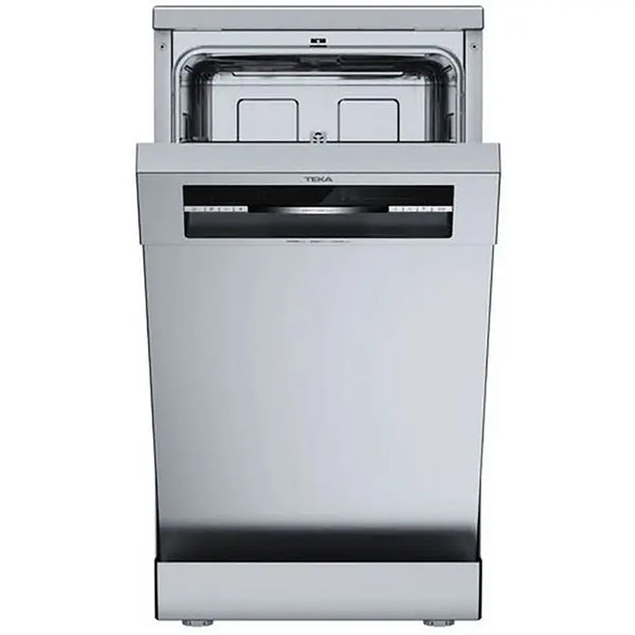 Stainless steel dishwasher with Teka branding on a white background