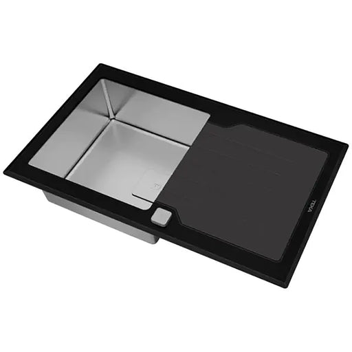 Black kitchen sink with a metallic interior on a white background