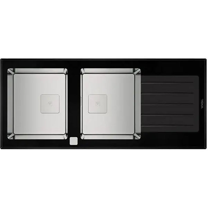 Teka kitchen sink with two silver compartments and a black frame on a white background