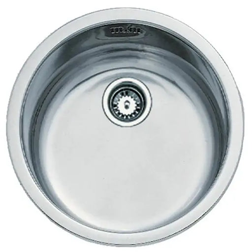 Stainless steel kitchen sink with brand logo on a white background