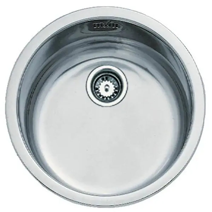 Stainless steel kitchen sink with brand logo on a white background