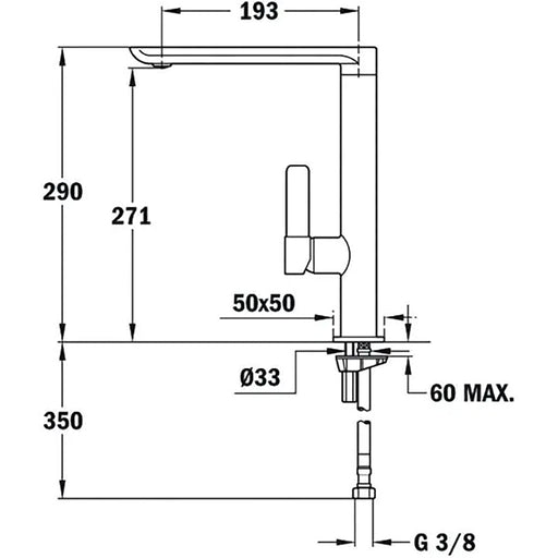Technical drawing of a bathroom faucet with dimensions