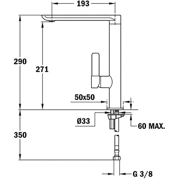 Technical drawing of a bathroom faucet with dimensions