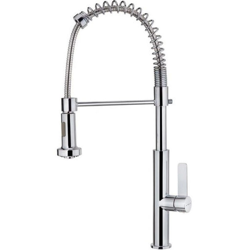 Chrome kitchen faucet with a pull-down sprayer on a white background