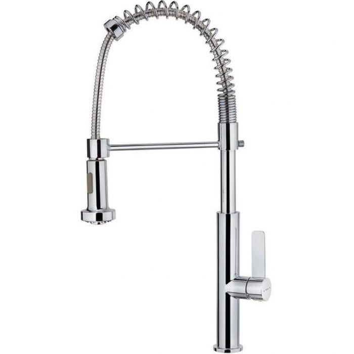 Chrome kitchen faucet with a pull-down sprayer on a white background