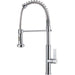 Chrome kitchen faucet with a pull-down sprayer on a white background