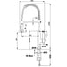 Technical drawing of a kitchen faucet with dimensions