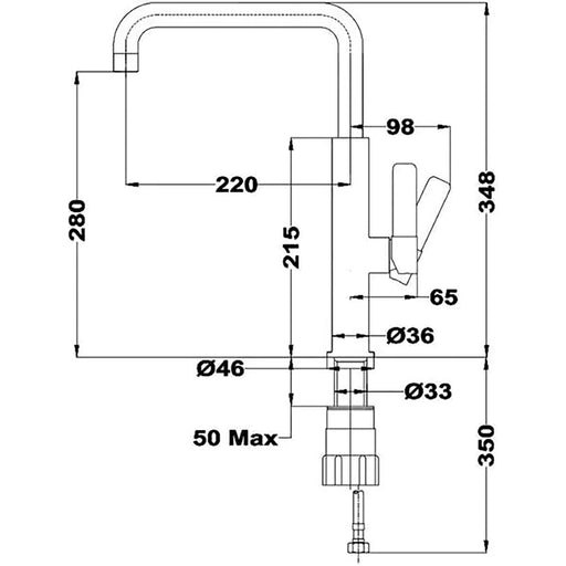 Technical drawing of a kitchen faucet with dimensions