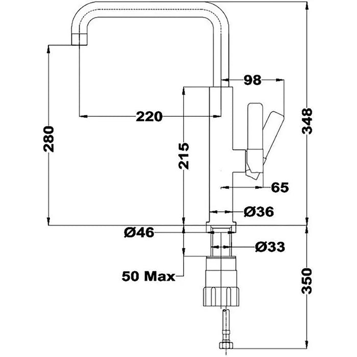 Technical drawing of a kitchen faucet with dimensions