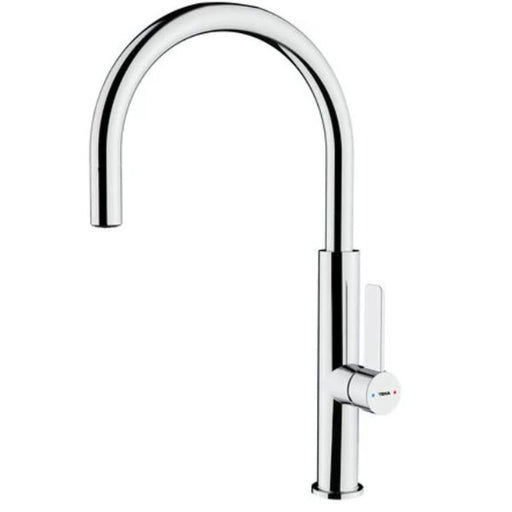 Chrome kitchen faucet on a white background