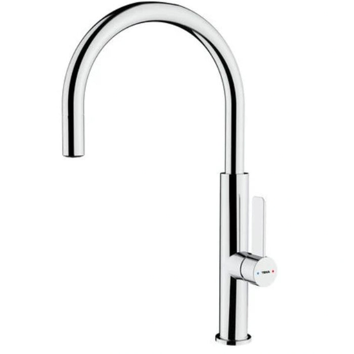 Chrome kitchen faucet on a white background
