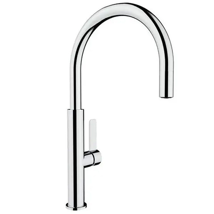 Chrome kitchen faucet on a white background