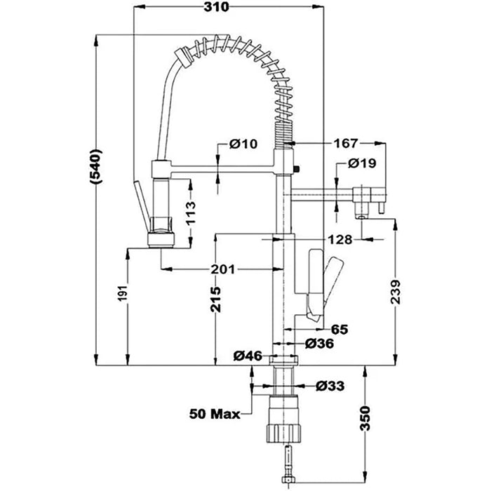 Technical drawing of a kitchen faucet with dimensions