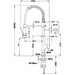 Technical drawing of a kitchen faucet with dimensions