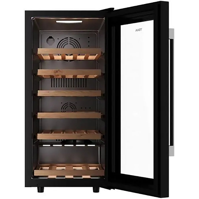 Wine cooler with wooden shelves and a glass door on a white background