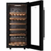 Wine cooler with wooden shelves and a glass door on a white background