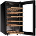 Black wine cooler with wooden shelves on a white background