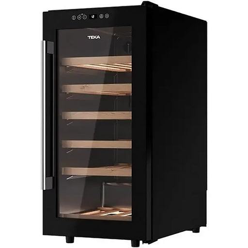 Black wine cooler with glass door on a white background