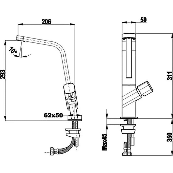 Technical drawing of a faucet with dimensions labeled