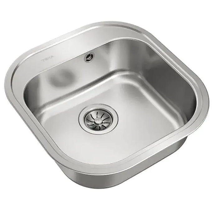 Stainless steel kitchen sink on a white background