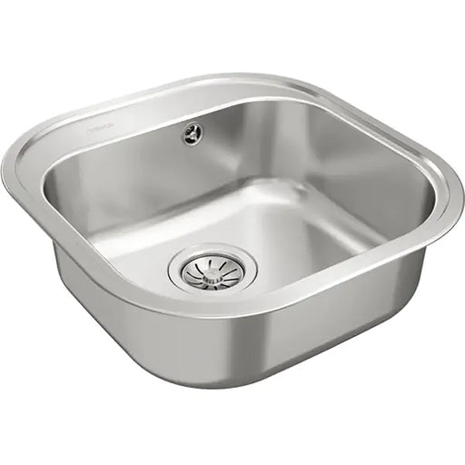 Stainless steel kitchen sink on a white background