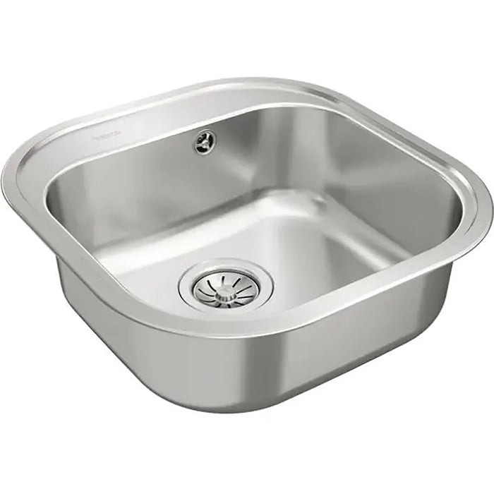 Stainless steel kitchen sink on a white background