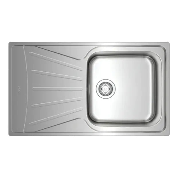 Stainless steel kitchen sink on a white background