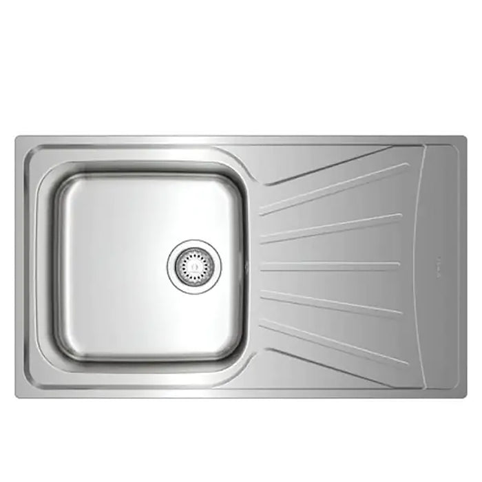 Stainless steel kitchen sink on a white background