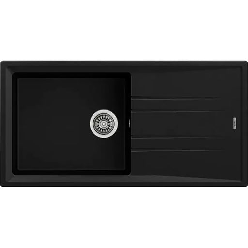 Black kitchen sink with a central drainboard on a white background
