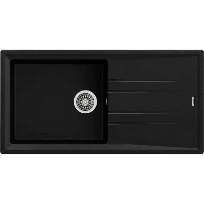 Black kitchen sink with a central drainboard on a white background