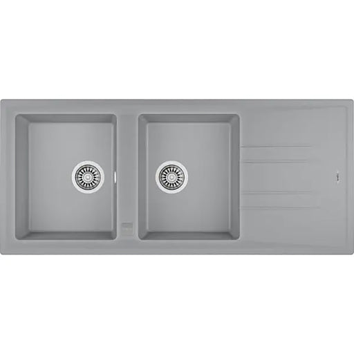 Gray kitchen sink with two basins on a white background