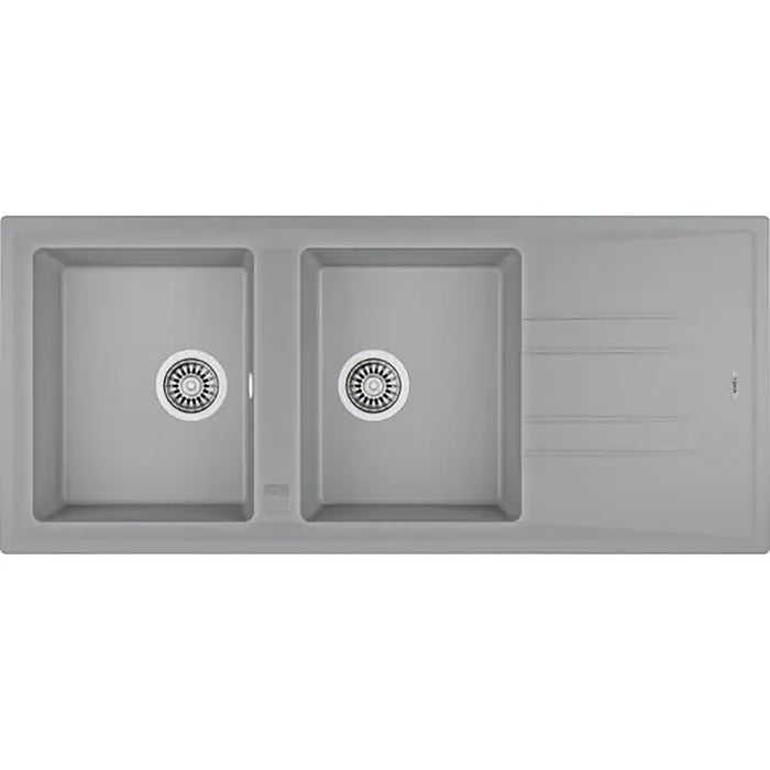 Gray kitchen sink with two basins on a white background