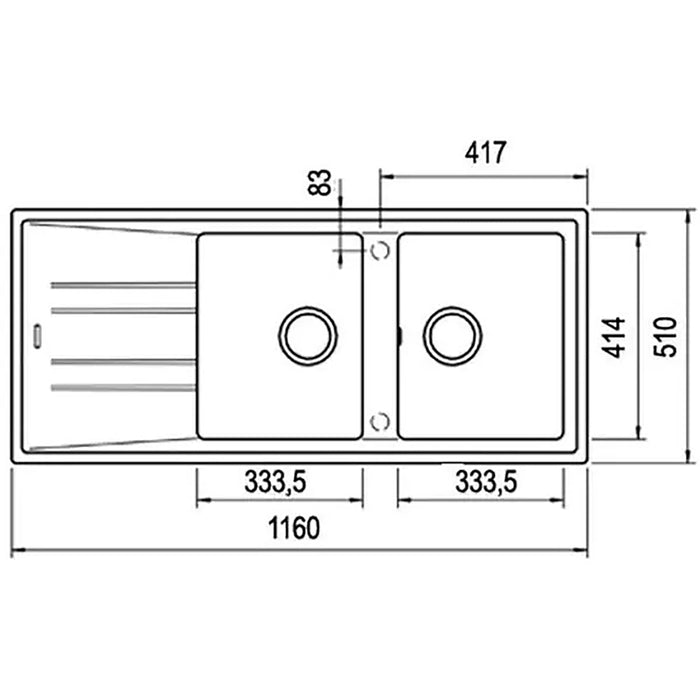 Technical drawing of a kitchen sink with dimensions