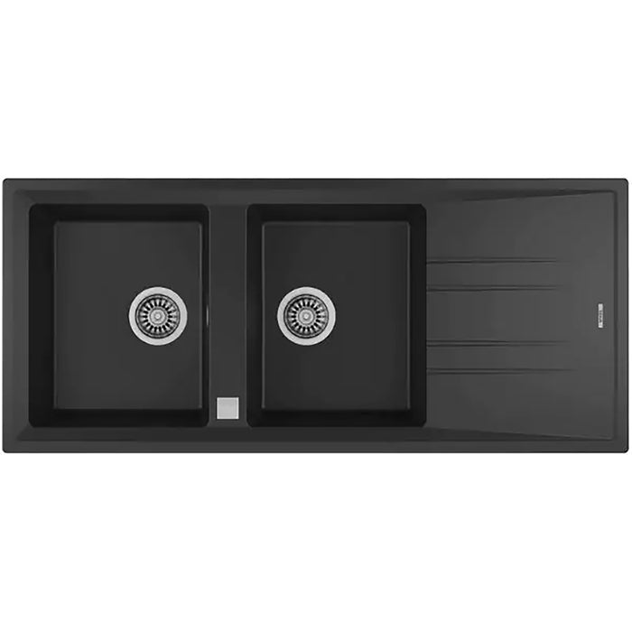 Black kitchen sink with double basin on a white background