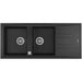 Black kitchen sink with double basin on a white background