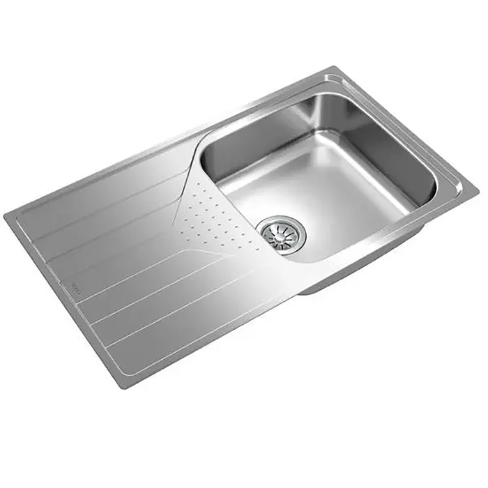 Stainless steel kitchen sink on a white background