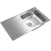 Stainless steel kitchen sink on a white background