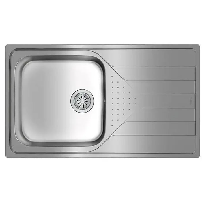 Stainless steel kitchen sink on a white background