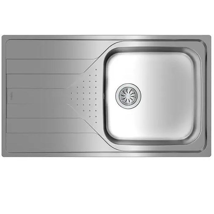 Stainless steel kitchen sink on a white background