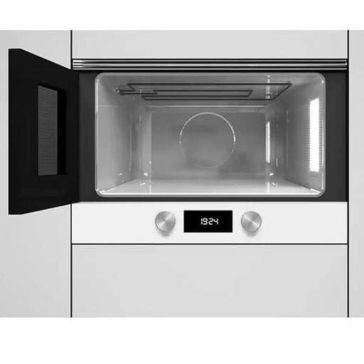 Microwave oven with open door on a white background
