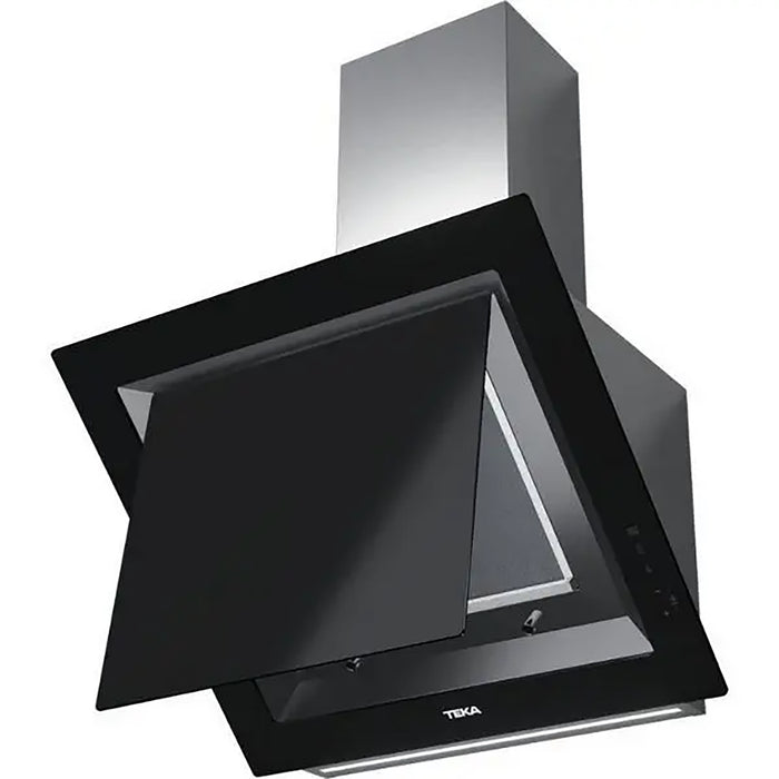 Black and silver kitchen hood with Teka branding on a white background
