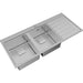 Stainless steel kitchen sink with a drainboard on a white background