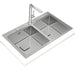 Stainless steel kitchen sink with faucet on a white background