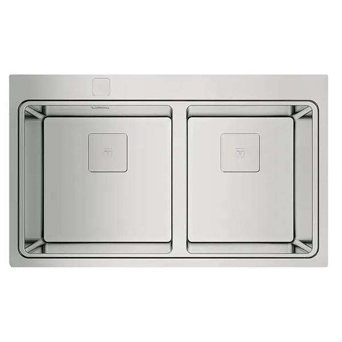 Stainless steel kitchen sink with two compartments on a white background